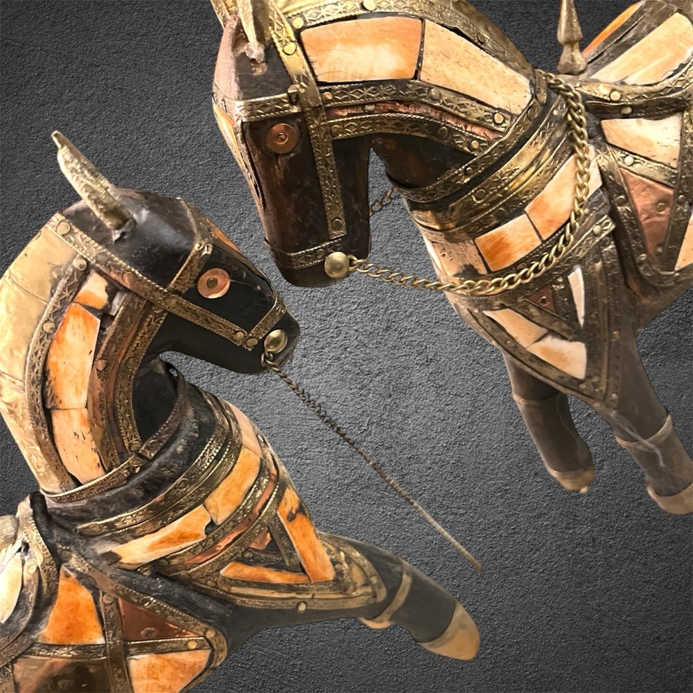Pier 1 Egyptian War Horses Whittled From Black Wood w Copper, Brass & Seashells